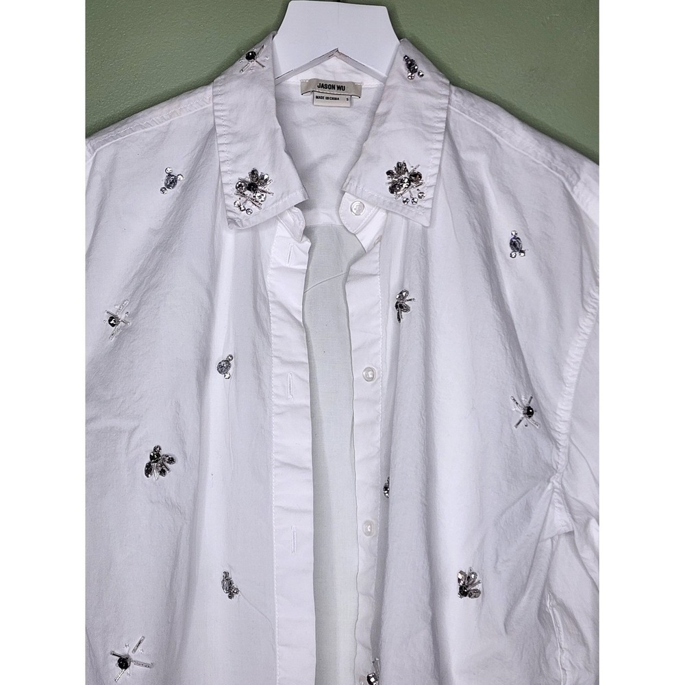 Jason Wu White Button-Up Shirt Crop Rhinestone Jeweled Embellished Hi Lo Hem S - Picture 2 of 7